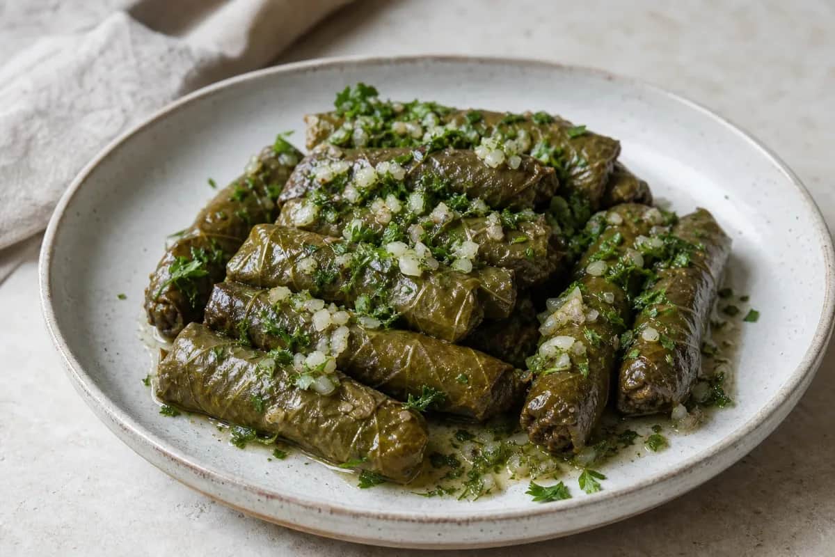 Plated warak enab with vine leaves, rice filling, and lemon slices garnished.