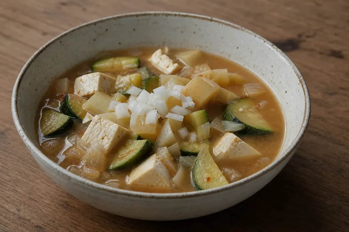 Bowl of Korean Doenjang Jjigae with tofu, zucchini, and green onions, garnished with sesame seeds.