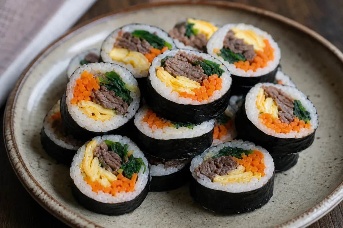 Slice of gimbap showing vibrant vegetables, beef, and egg wrapped in seaweed.