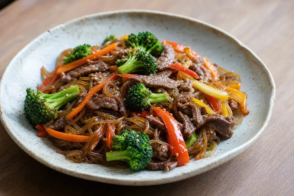 Korean Glass Noodle Stir-Fry with Beef and Colorful Vegetables
