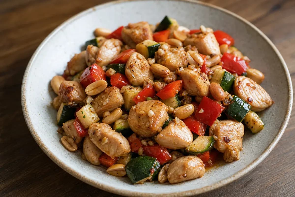 Colorful Kung Pao Chicken with peanuts, diced bell peppers, and scallions served in a bowl.
