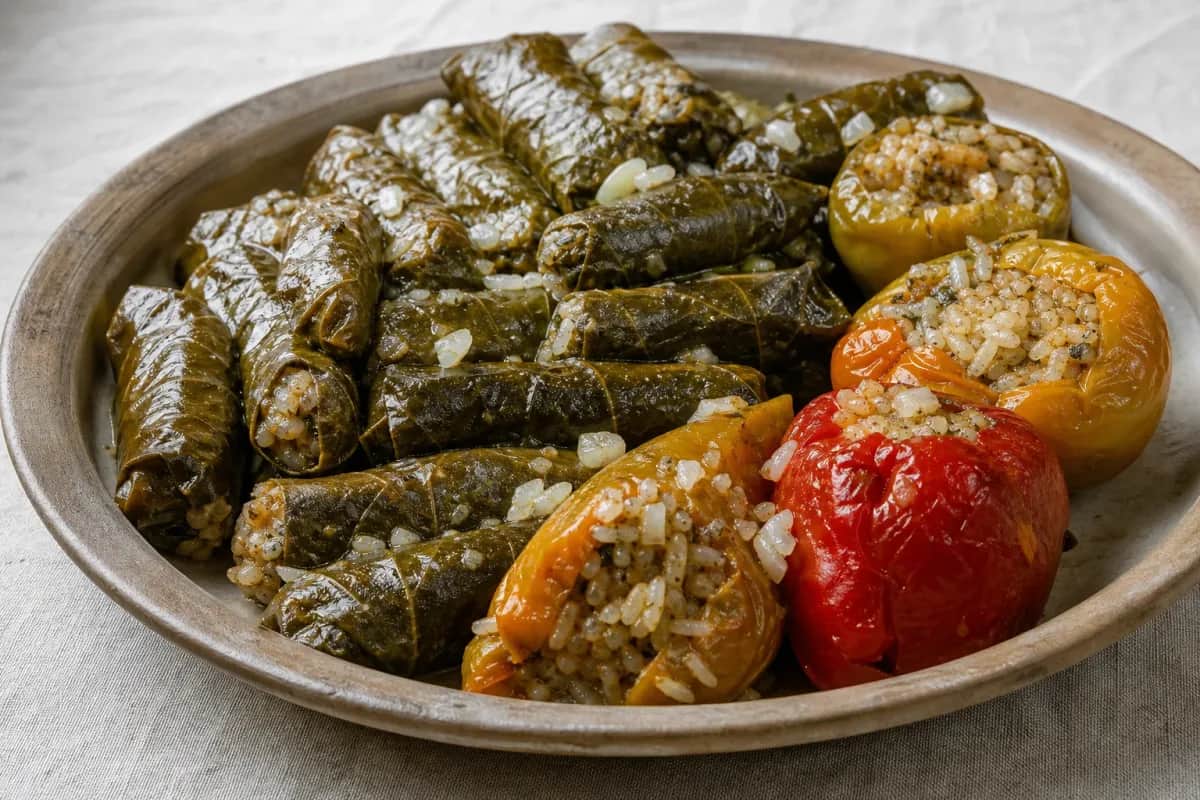 Stuffed grape leaves and peppers with rice, herbs, and spices, beautifully plated.