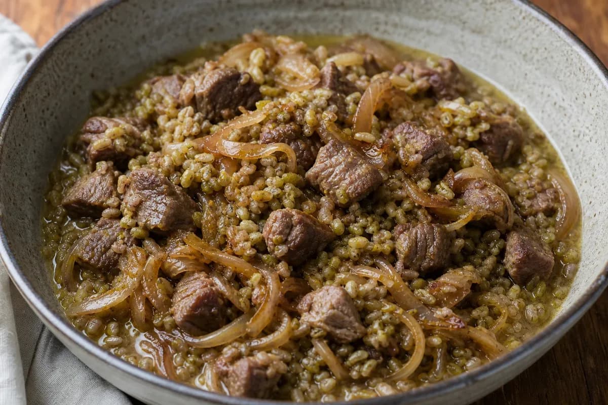 Kurdish Freekeh Pilaf with Lamb and Caramelized Onions