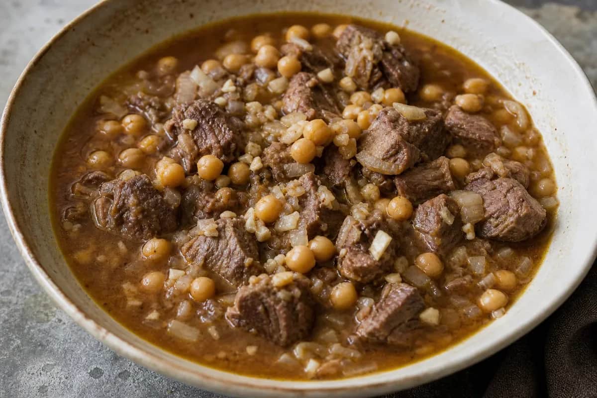 Rich and hearty lamb stew with chickpeas, garnished with fresh herbs, served in a rustic bowl.