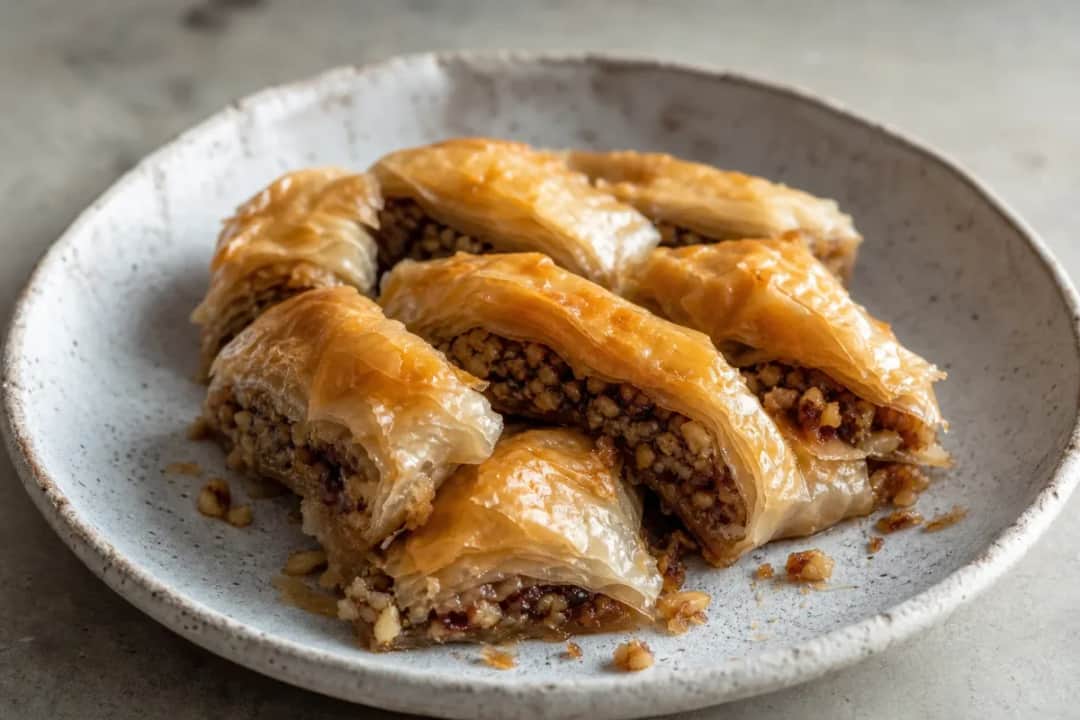 Golden-brown pastries filled with walnuts and dates, garnished with a sprinkle of cinnamon.