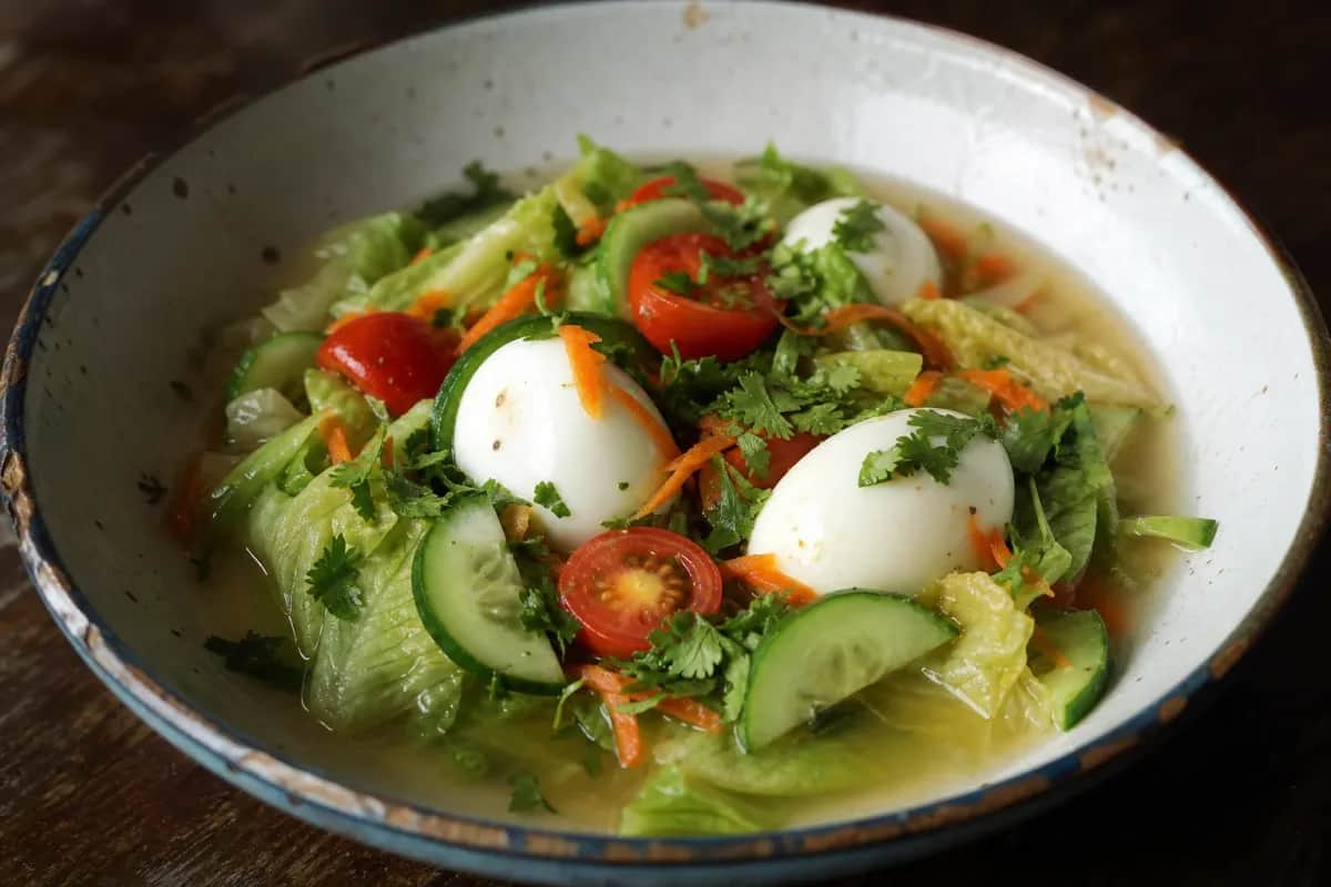A colorful Luang Prabang salad topped with a soft-boiled egg and fresh greens, beautifully arranged on a plate.
