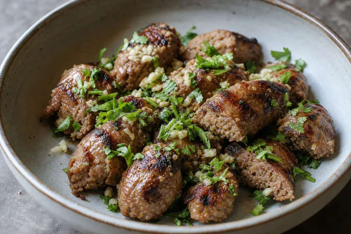 Grilled sausage with a golden-brown exterior, garnished with fresh herbs and served on a plate.