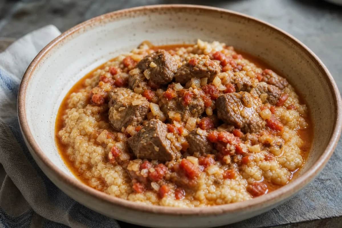 Plated Libyan Bazin topped with tender lamb pieces and rich tomato sauce, garnished with fresh herbs.