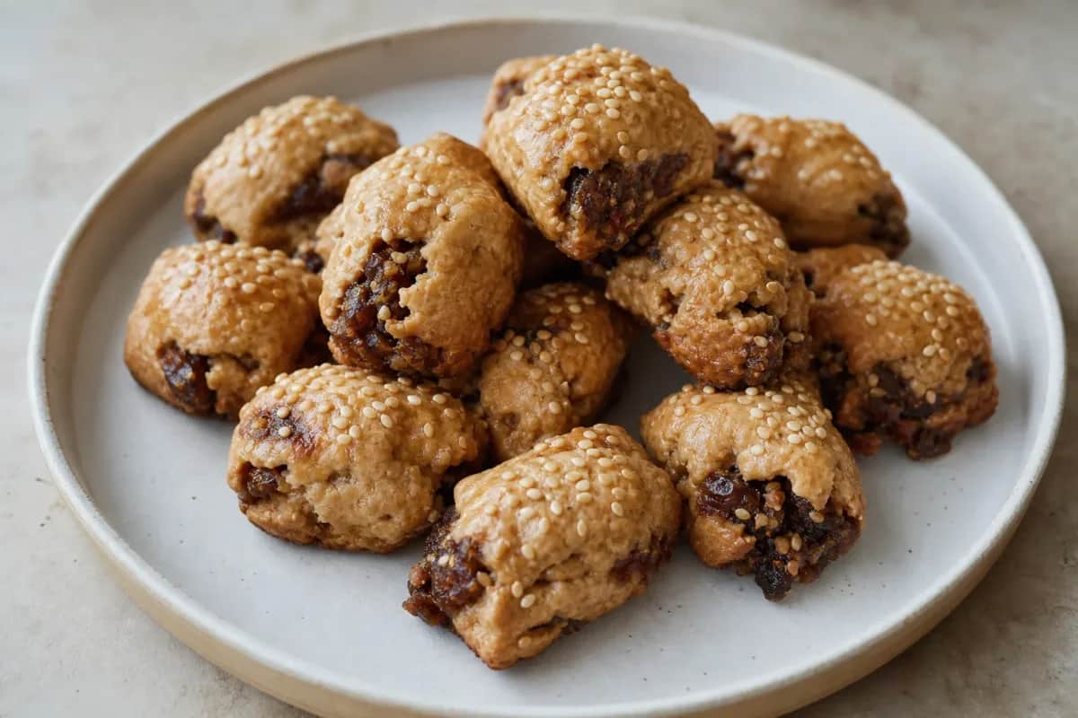 Golden-brown cookies filled with dates, topped with sesame seeds, beautifully arranged on a plate.
