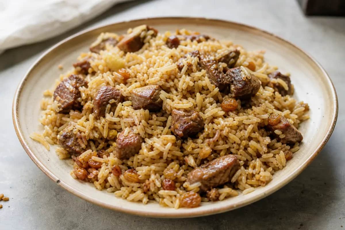 Plated Libyan rice with tender lamb pieces, raisins, and warm spices, garnished with fresh herbs.