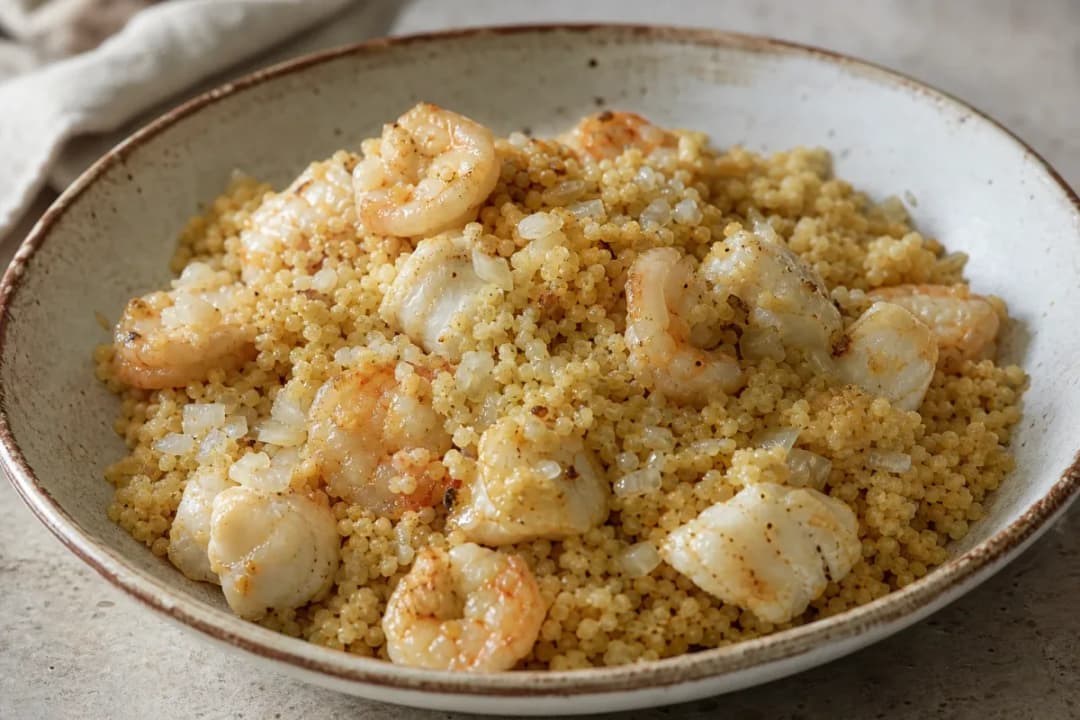 Libyan Seafood Couscous with Spices and Fresh Vegetables