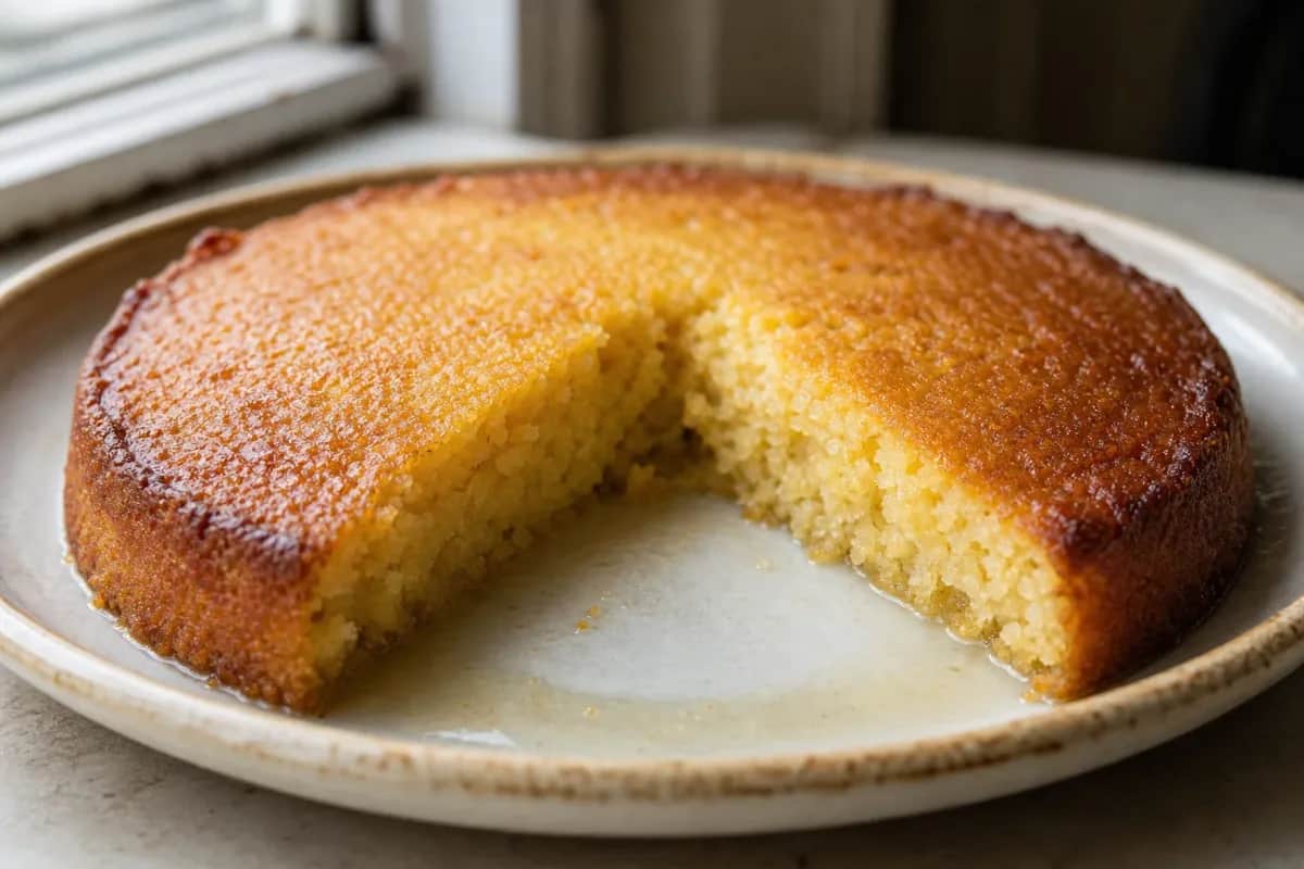 A moist semolina cake topped with a glossy honey syrup, garnished with nuts.