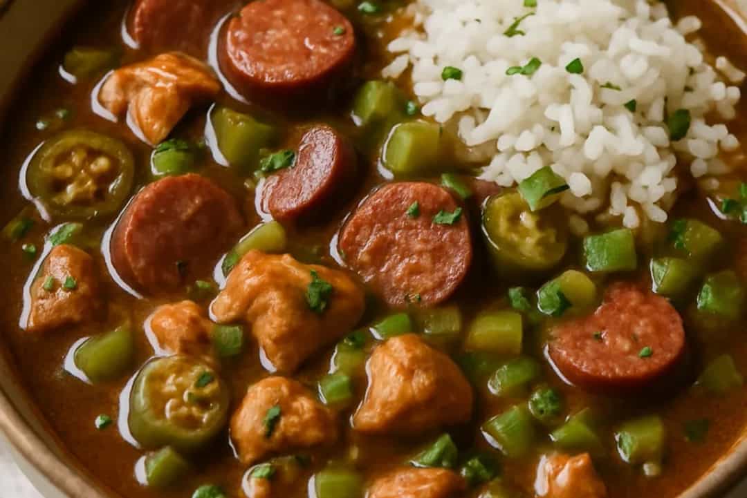 A hearty bowl of gumbo with chicken, sausage, and okra served over fluffy rice, garnished with green onions.
