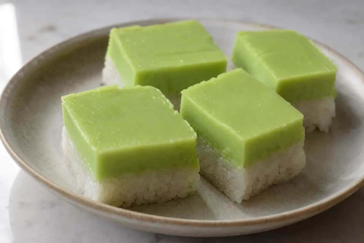 Layered pandan and coconut custard dessert with a smooth texture and vibrant green hue.