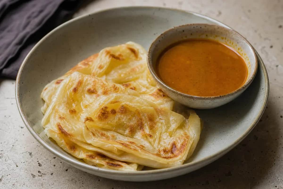 Flaky Malaysian Roti Canai served alongside a bowl of rich curry dip, golden and appealing.