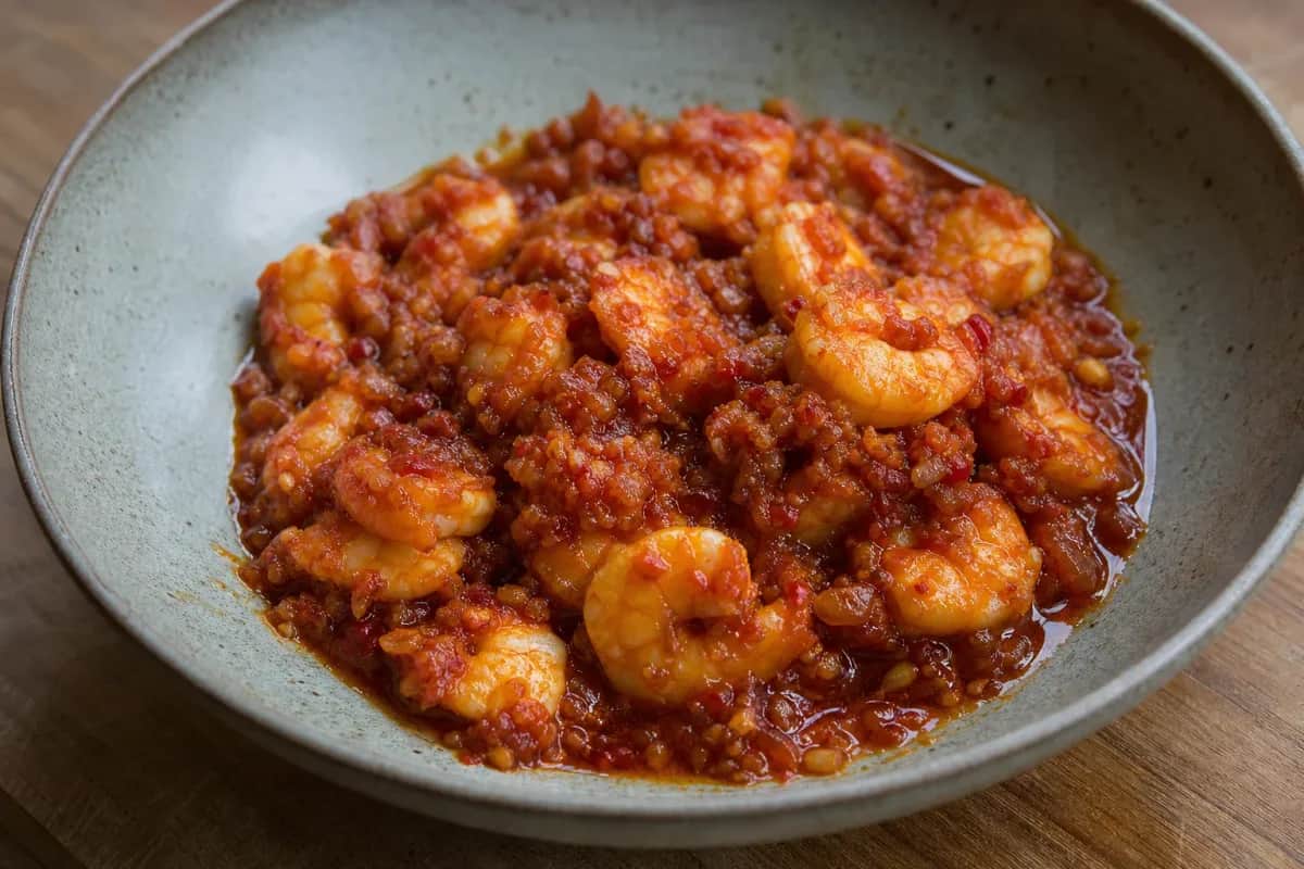 Plated sambal udang with vibrant red chili paste, juicy prawns, and fresh herbs, showcasing rich colors and textures.