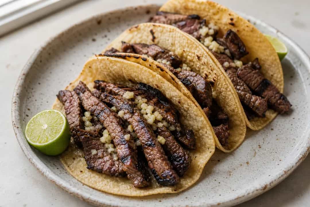 Plated carne asada tacos garnished with lime wedges and cilantro, showcasing juicy beef and fresh toppings.