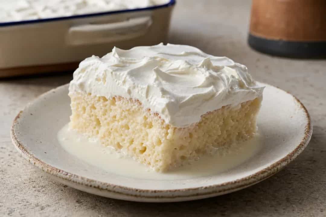 A slice of tres leches cake with whipped cream, showcasing a moist texture and milk drizzle.