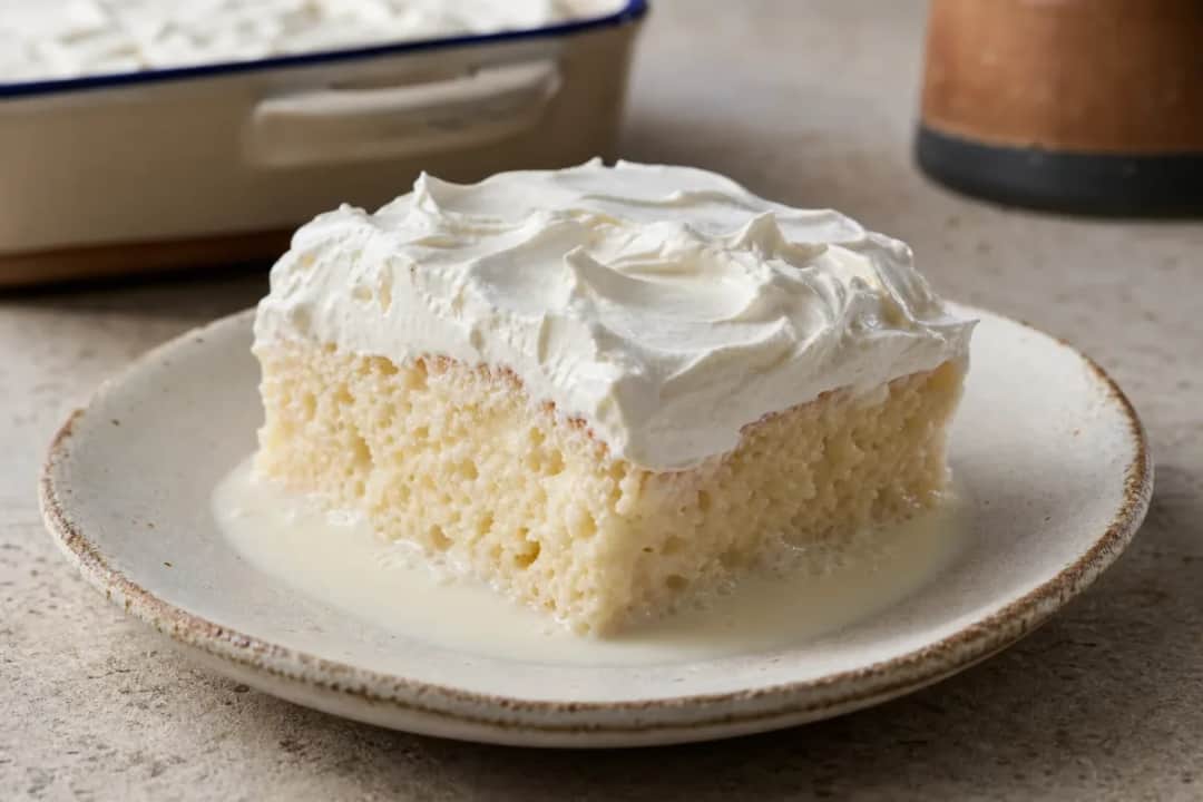 A slice of tres leches cake with whipped cream, showcasing a moist texture and milk drizzle.