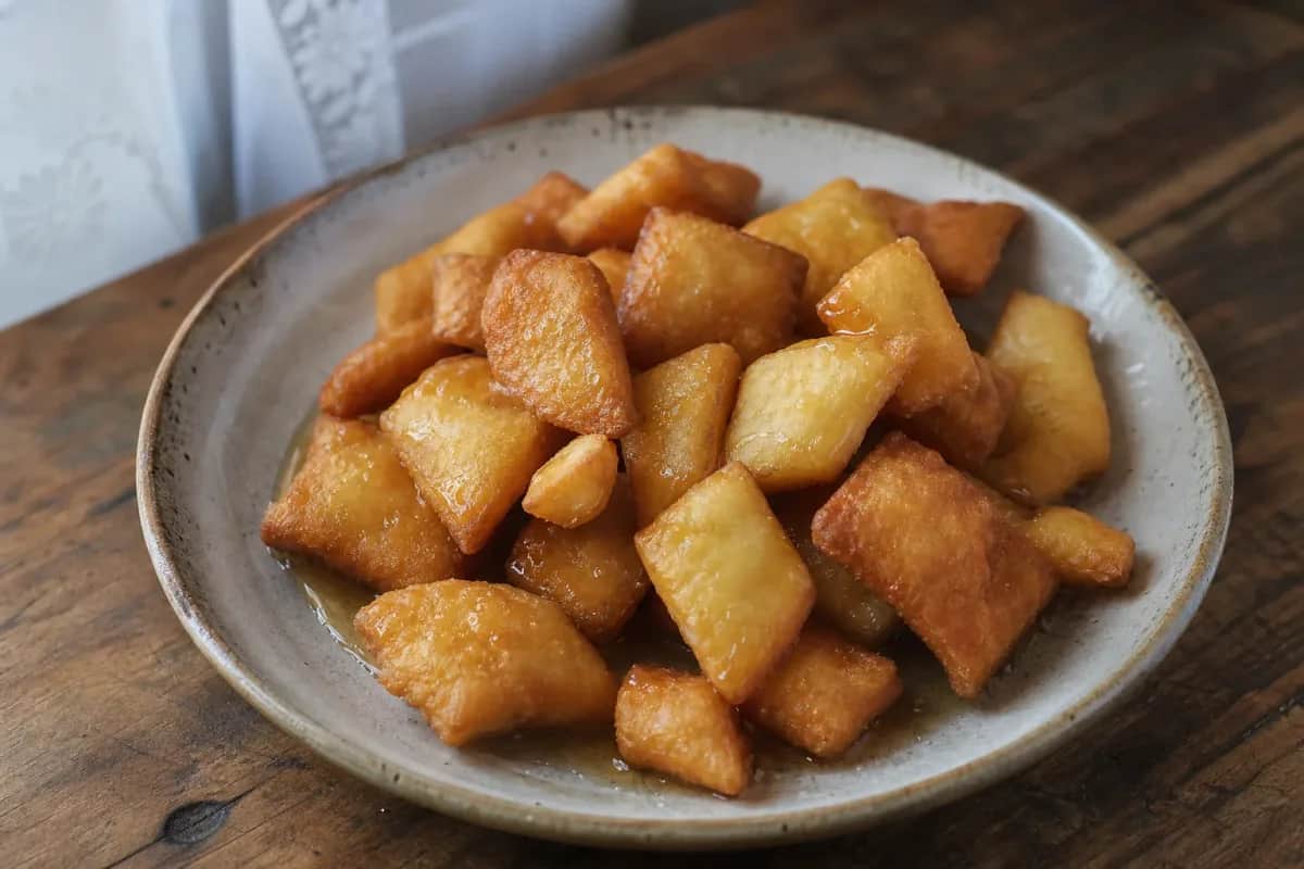 Golden-brown fried dough pastries dusted with powdered sugar, served with honey.