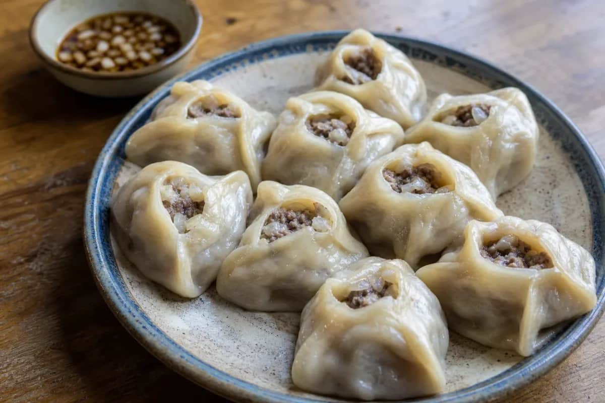 Steamed dumplings filled with beef and onion, garnished on a plate.