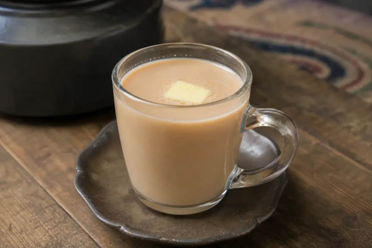 Warm Mongolian Milk Tea served in a traditional cup, creamy and frothy with a hint of salt.