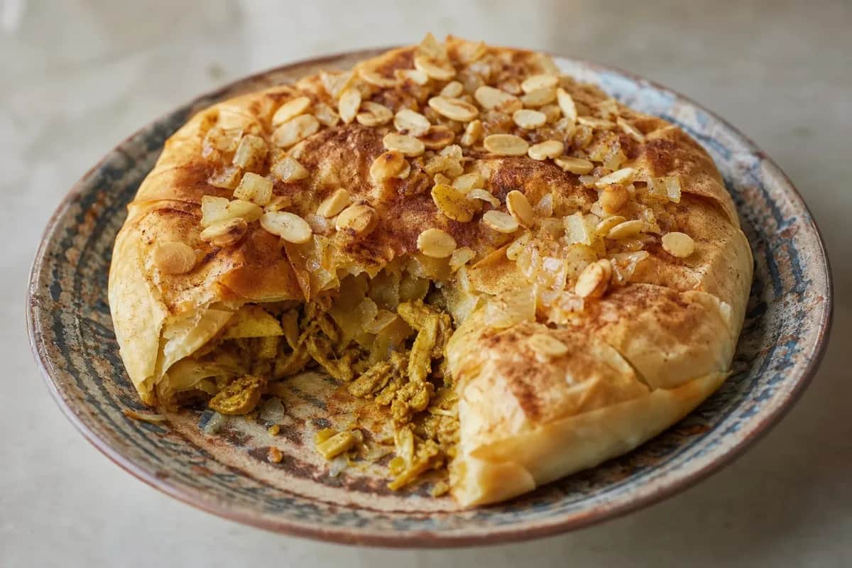 Golden-brown chicken pastilla topped with powdered sugar and cinnamon, garnished with almonds.