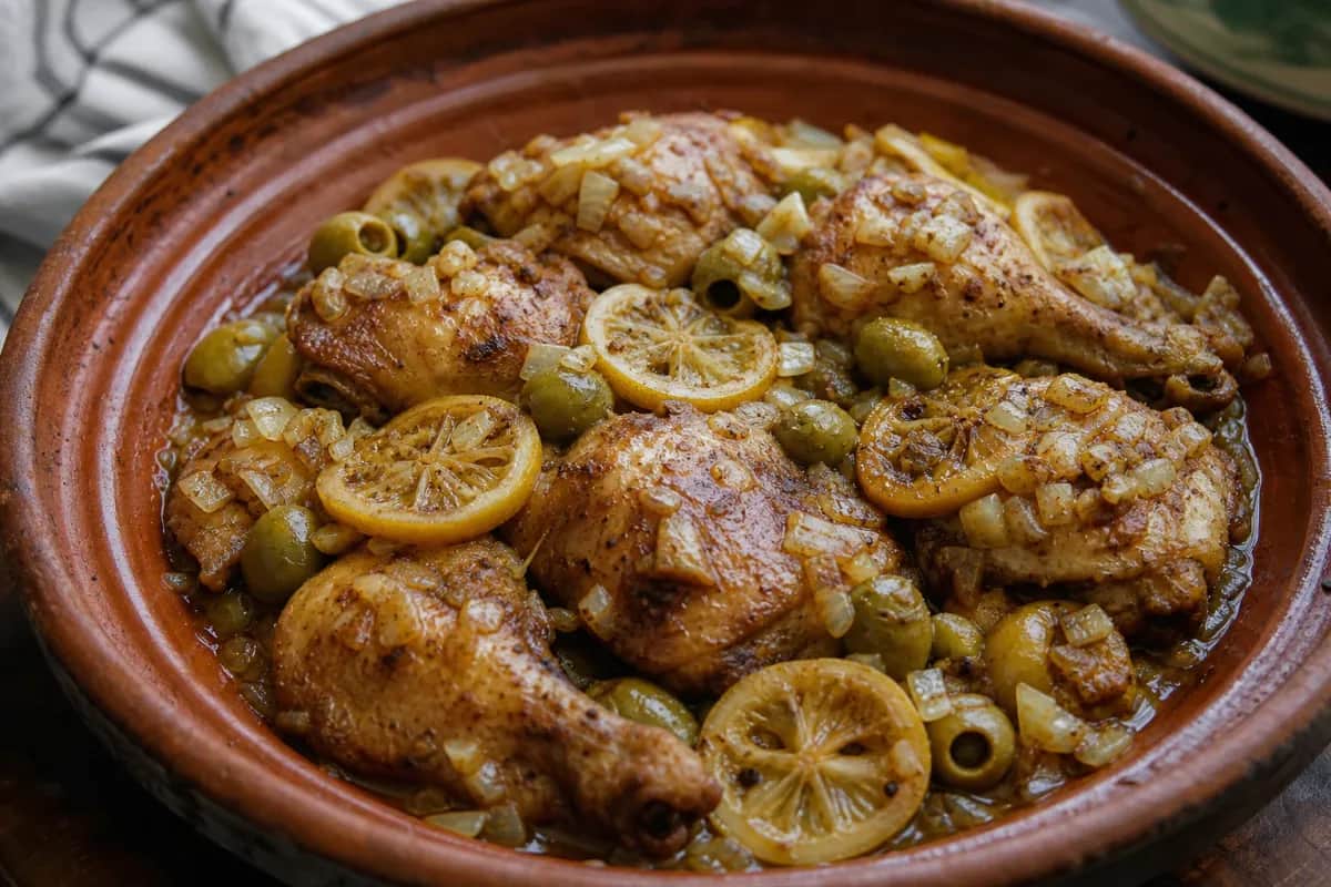 Tender chicken pieces simmered with olives, lemon slices, and spices, garnished with fresh herbs.