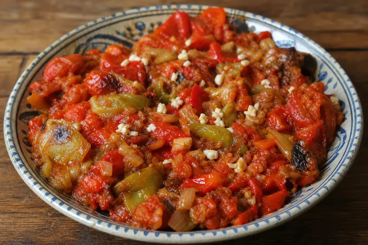 Vibrant Moroccan Taktouka with roasted peppers and tomatoes, garnished with herbs for a colorful presentation.
