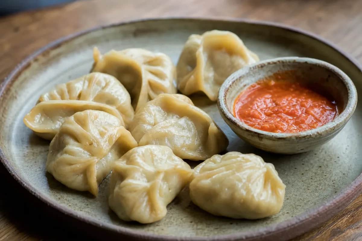 Steamed chicken momo served with a vibrant spicy tomato achar and fresh herbs, garnished beautifully.