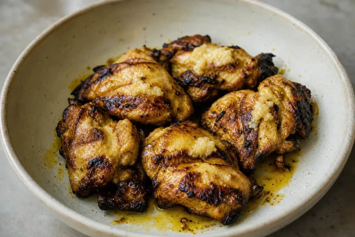 Juicy chicken sekuwa skewers with a rich spice marinade, garnished and served on a platter.