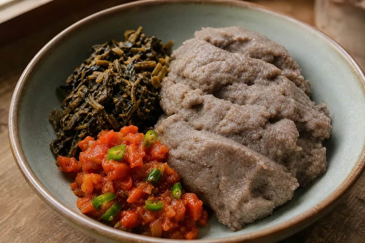 Creamy dhido topped with gundruk and vibrant tomato achar, garnished fresh herbs.