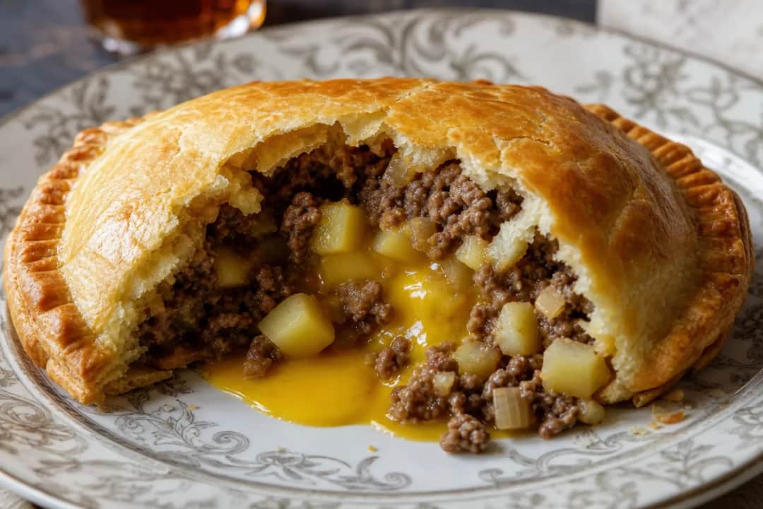 Golden-brown Nigerian meat pie filled with beef and potatoes, served on a plate.