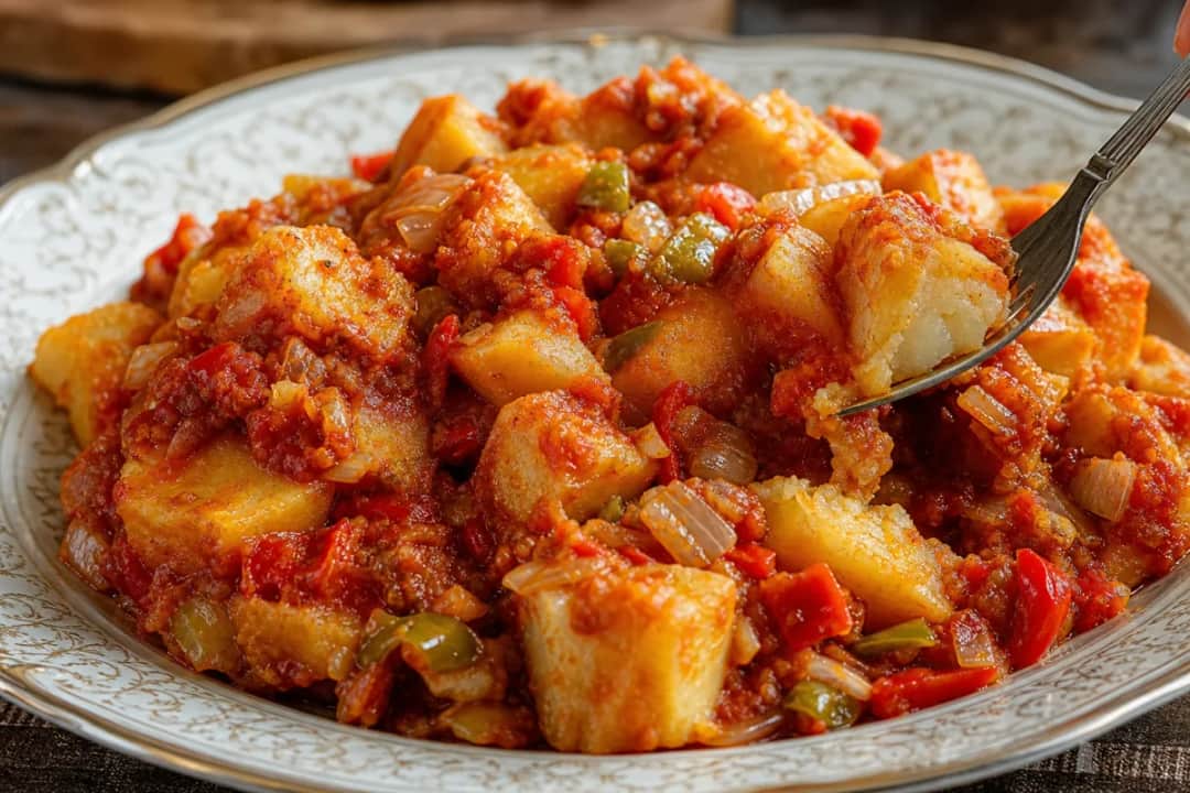 Bowl of Nigerian yam porridge topped with spicy tomato and pepper sauce, garnished with green herbs.