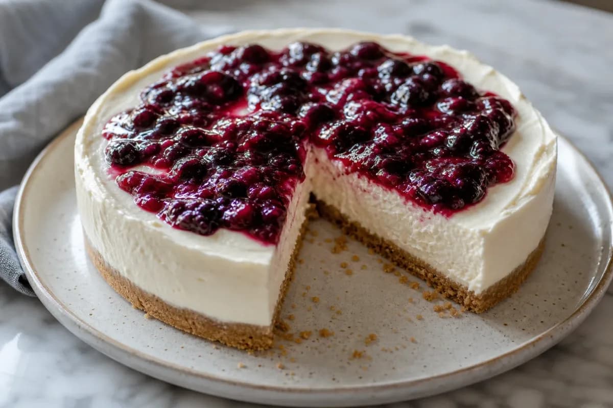 Creamy no-bake cheesecake on a graham cracker crust topped with fresh berries, beautifully plated.