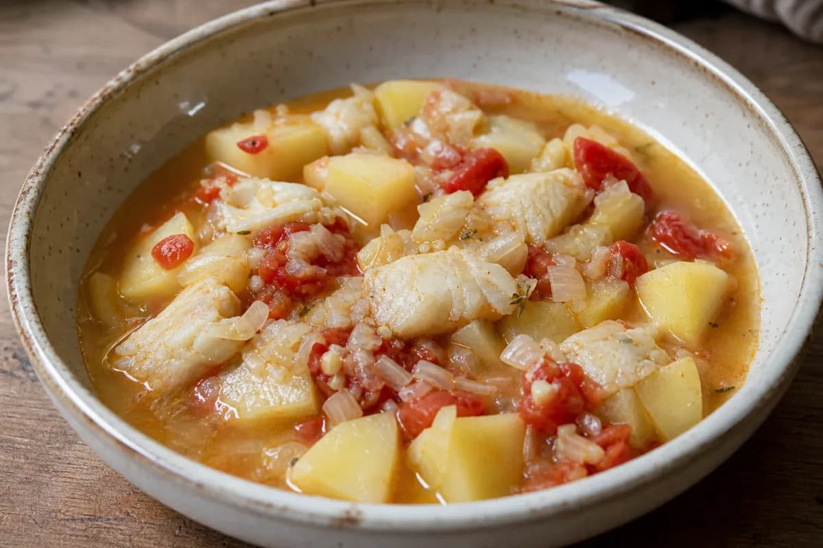 Norwegian Stockfish Stew with Potatoes and Tomatoes for Dinner