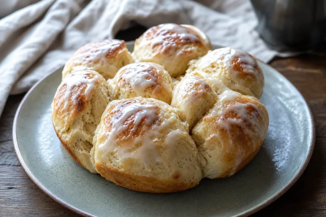Fluffy, golden-brown sweet buns topped with a shiny sugar glaze and lightly sprinkled with cardamom.