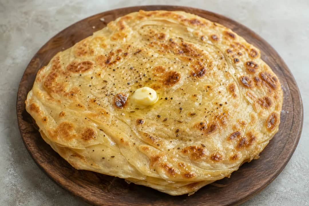 Golden-brown flaky paratha served with a side of green chutney and fresh herbs.