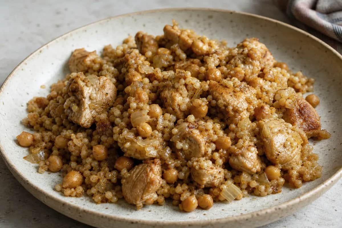 A bowl of Palestinian maftoul with chickpeas and chicken, garnished with herbs and spices.