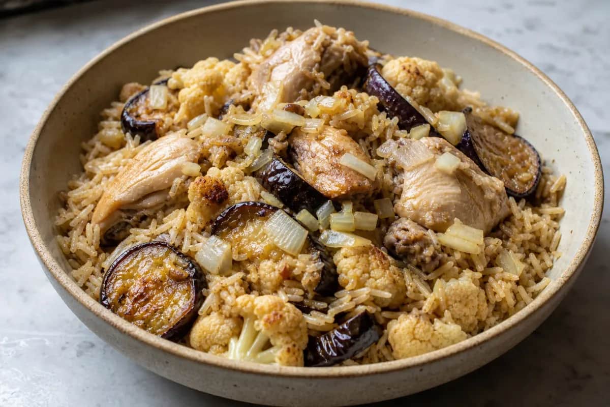 Layered Maqluba featuring chicken, eggplant, and cauliflower with rice, garnished with herbs.