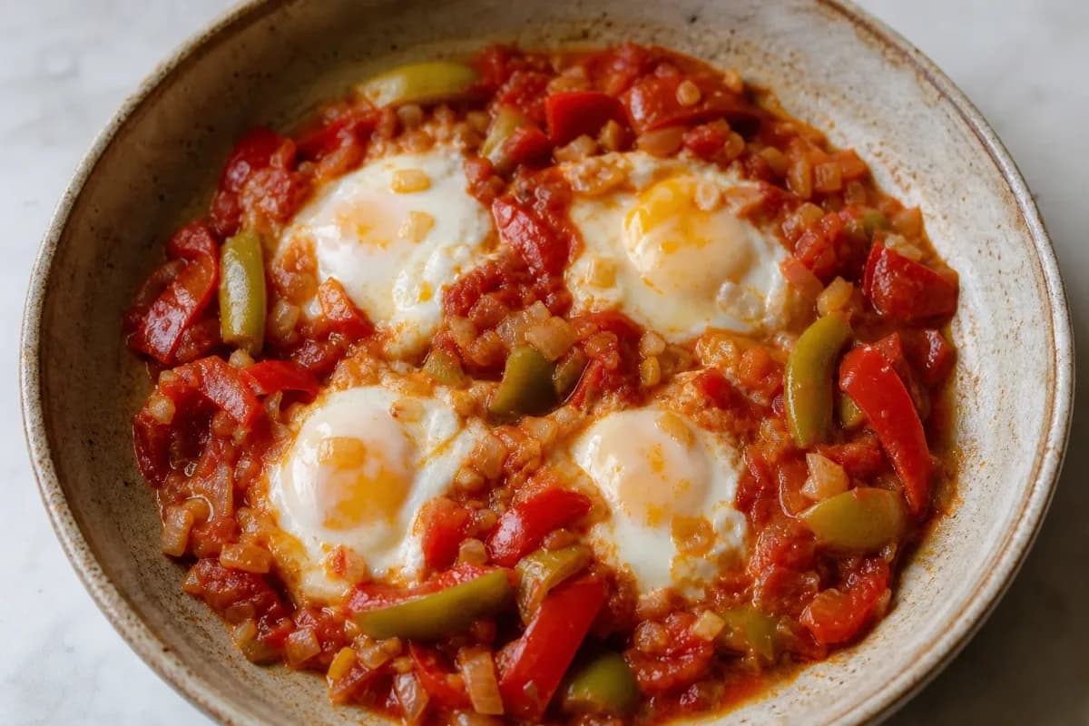 Palestinian Shakshuka with Tomatoes, Peppers and Eggs