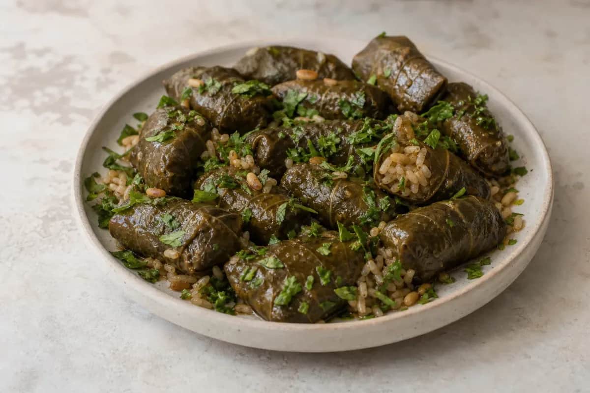 Plated stuffed grape leaves topped with lemon slices, showcasing herbs and rice filling.