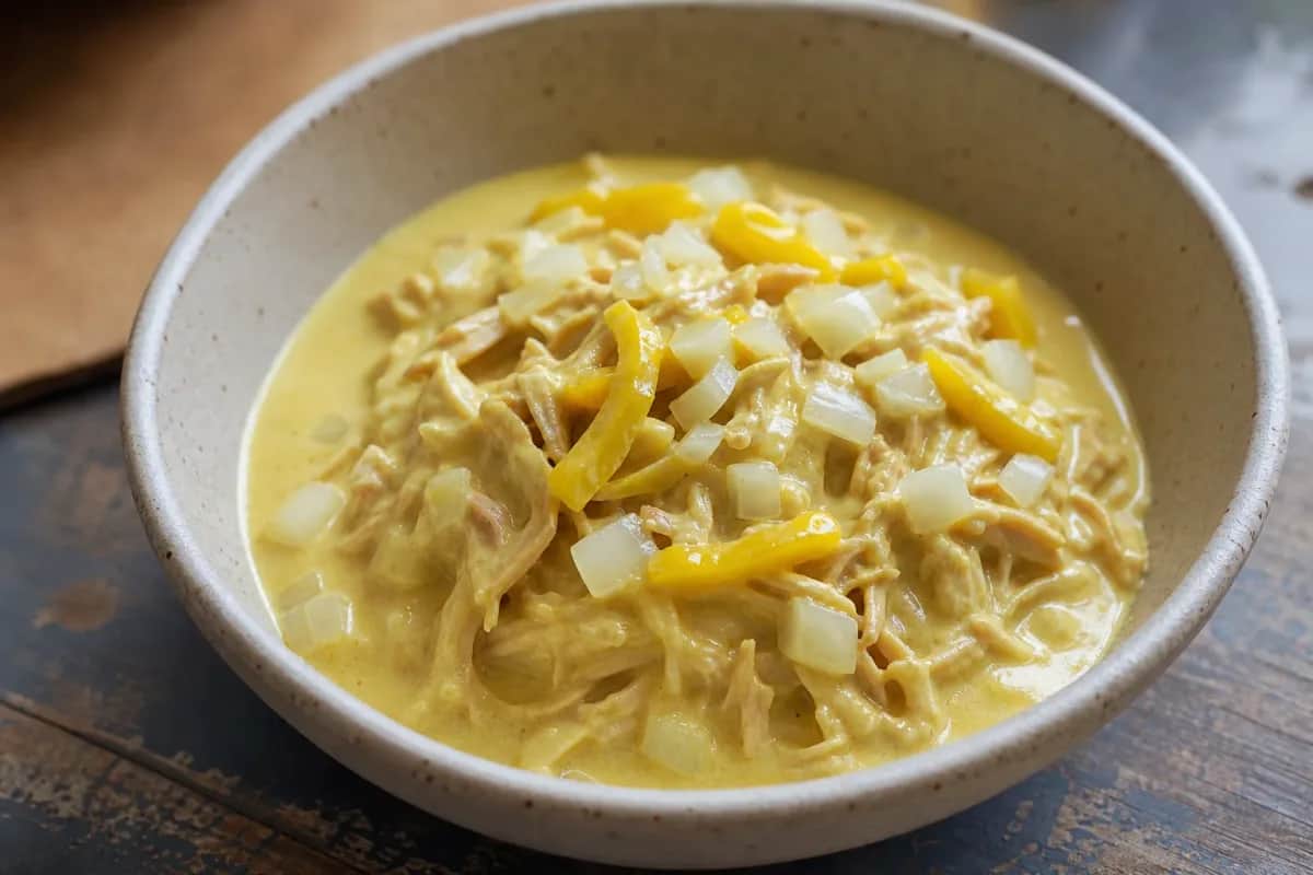Creamy yellow chili sauce covering shredded chicken, served with rice and olives.