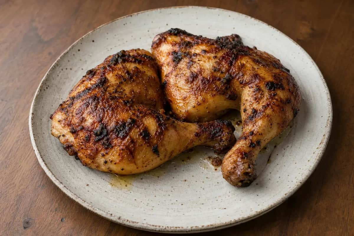 Juicy roasted chicken with golden skin, garnished with fresh herbs and served with dipping sauces.