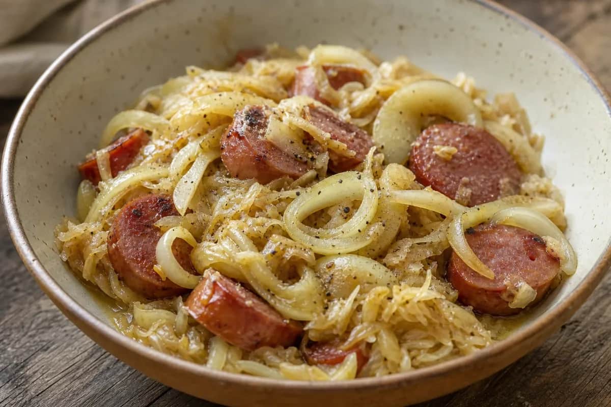 Plated Polish Kiełbasa served with sautéed onions and sauerkraut, garnished with mustard.