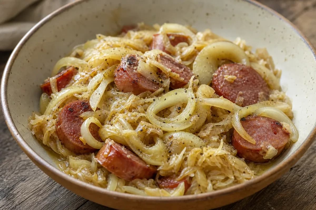 Plated Polish Kiełbasa served with sautéed onions and sauerkraut, garnished with mustard.