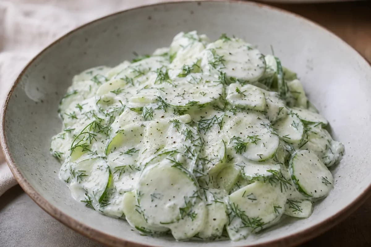 A creamy cucumber salad with fresh dill, garnished and served in a bowl, showcasing a vibrant green color and smooth texture.