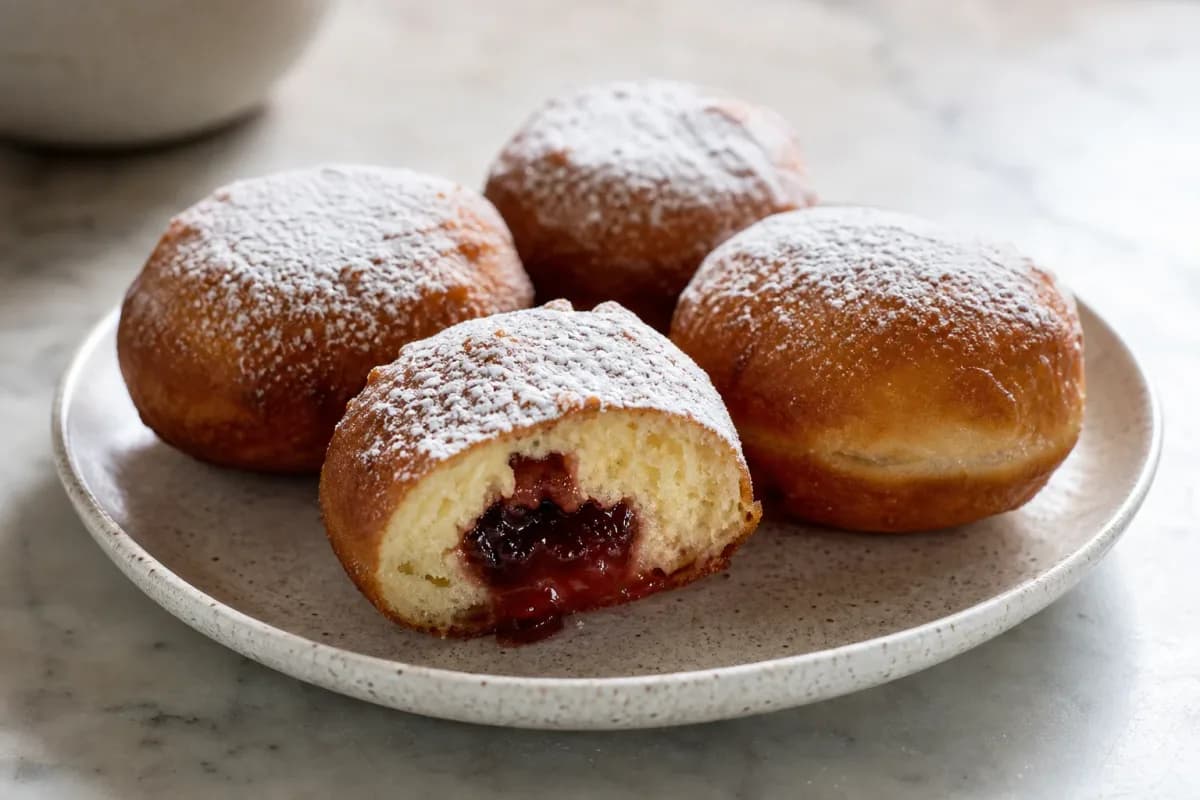 Golden-brown pączki dusted with powdered sugar, showing jam filling inside.