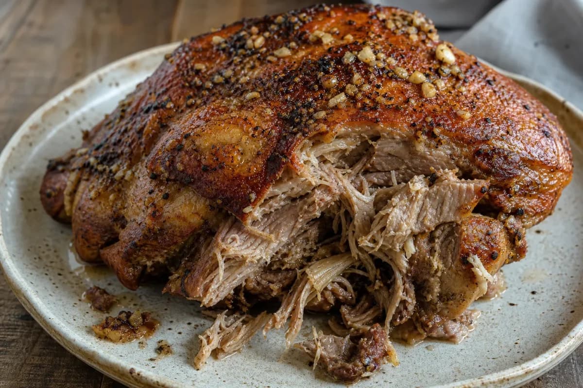 Tender roasted pork shoulder with crispy skin, garlic seasoning, and herbs on a serving platter.