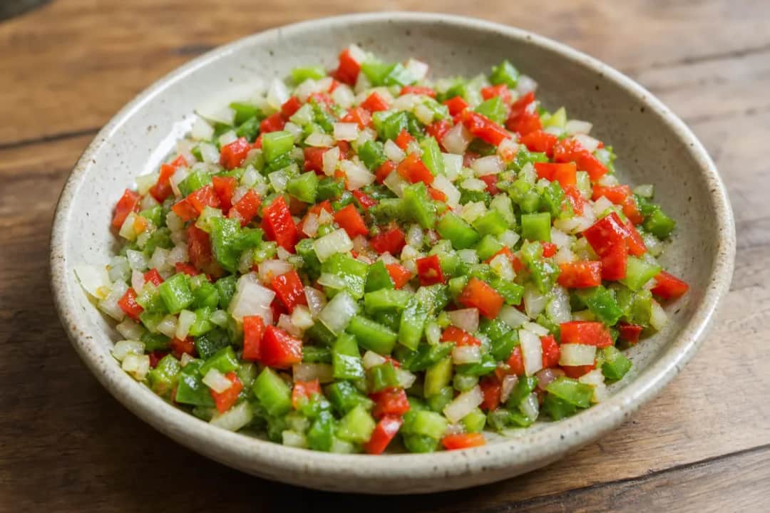 Vibrant green sofrito made from fresh herbs, peppers, and onions, displayed in a bowl.